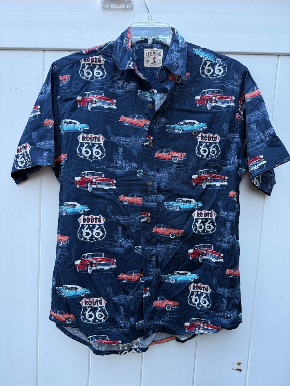 RedHead Navy Short-Sleeve Route 66 Classic Car Print Shirt